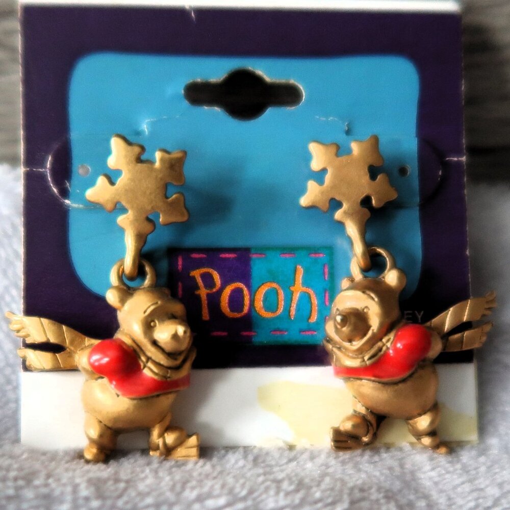 Vintage Disney Winnie the Pooh Ice Skating Snowflake Earrings